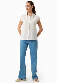Sleeveless Linen Blend Button-Up Off White