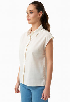 Sleeveless Linen Blend Button-Up Off White
