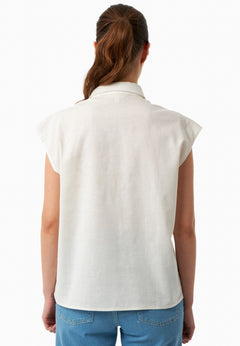 Sleeveless Linen Blend Button-Up Off White