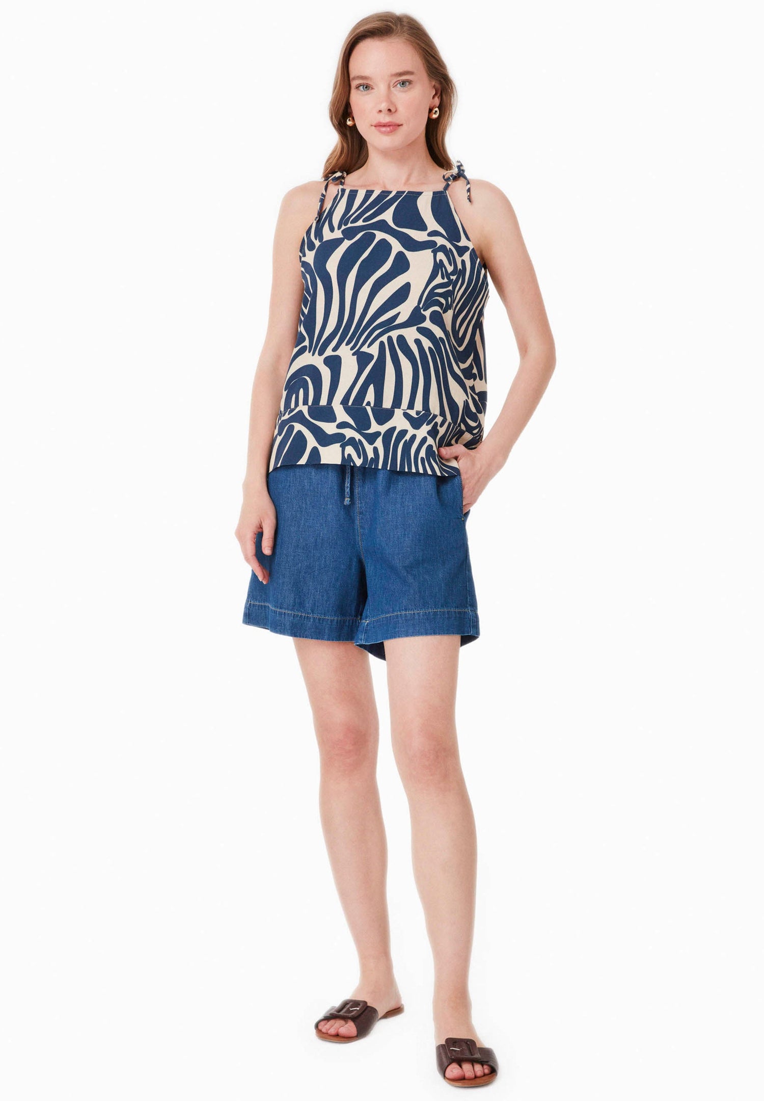 Patterned Viscose Blend Top Abstract Blue