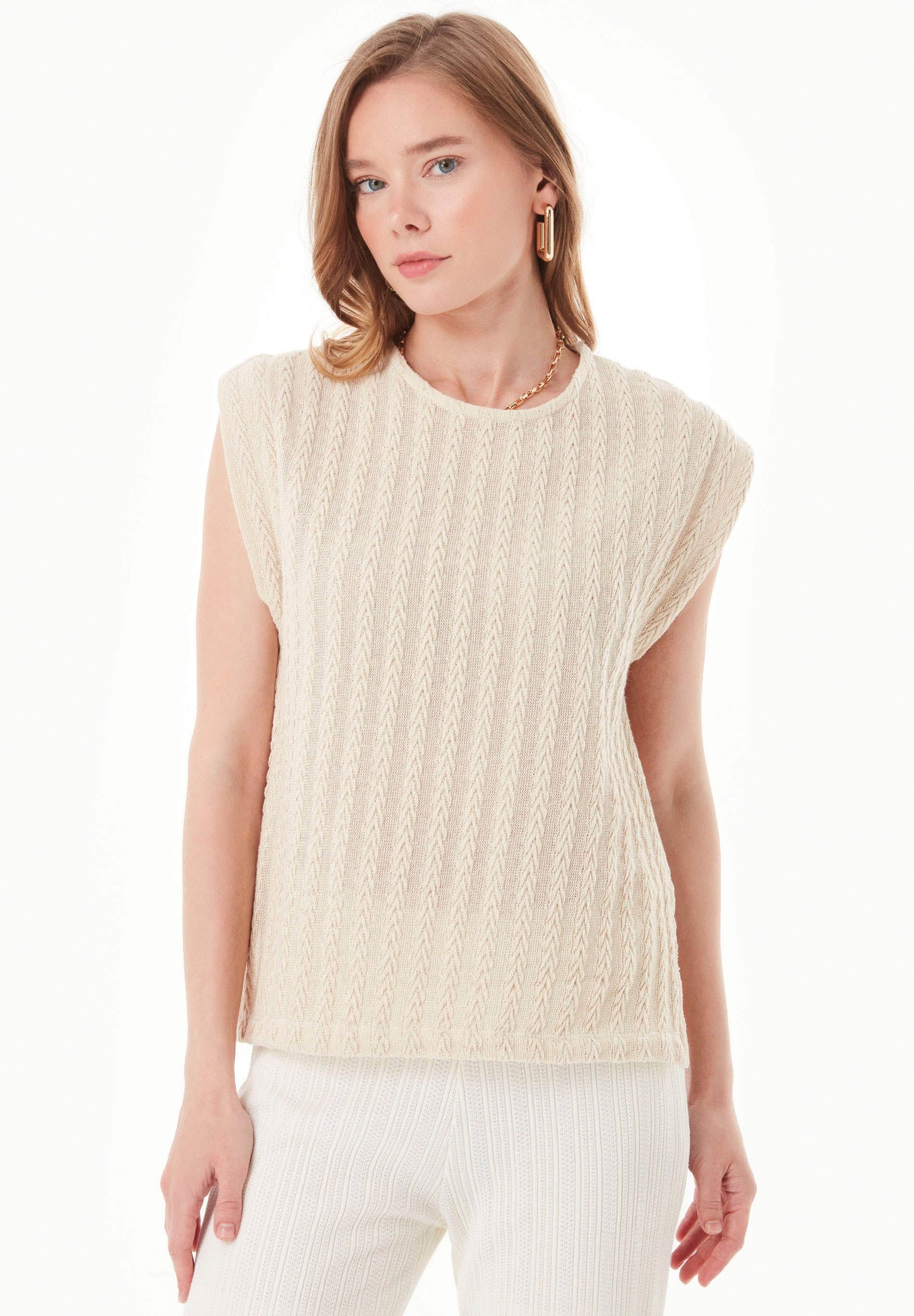 Fantasy Cotton Knit Short Sleeve Top Natural
