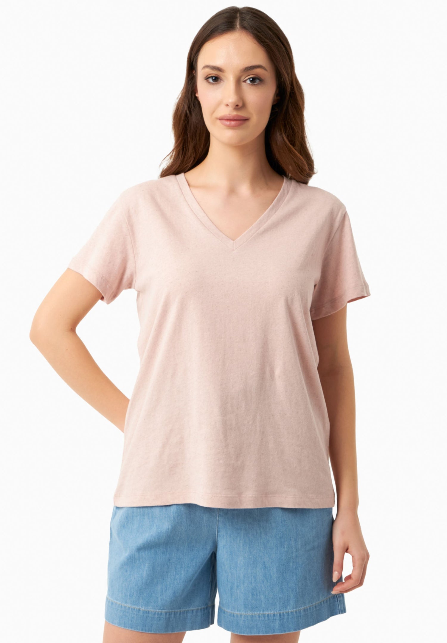 Linen Blend V-Neck T-Shirt Pastel Pink