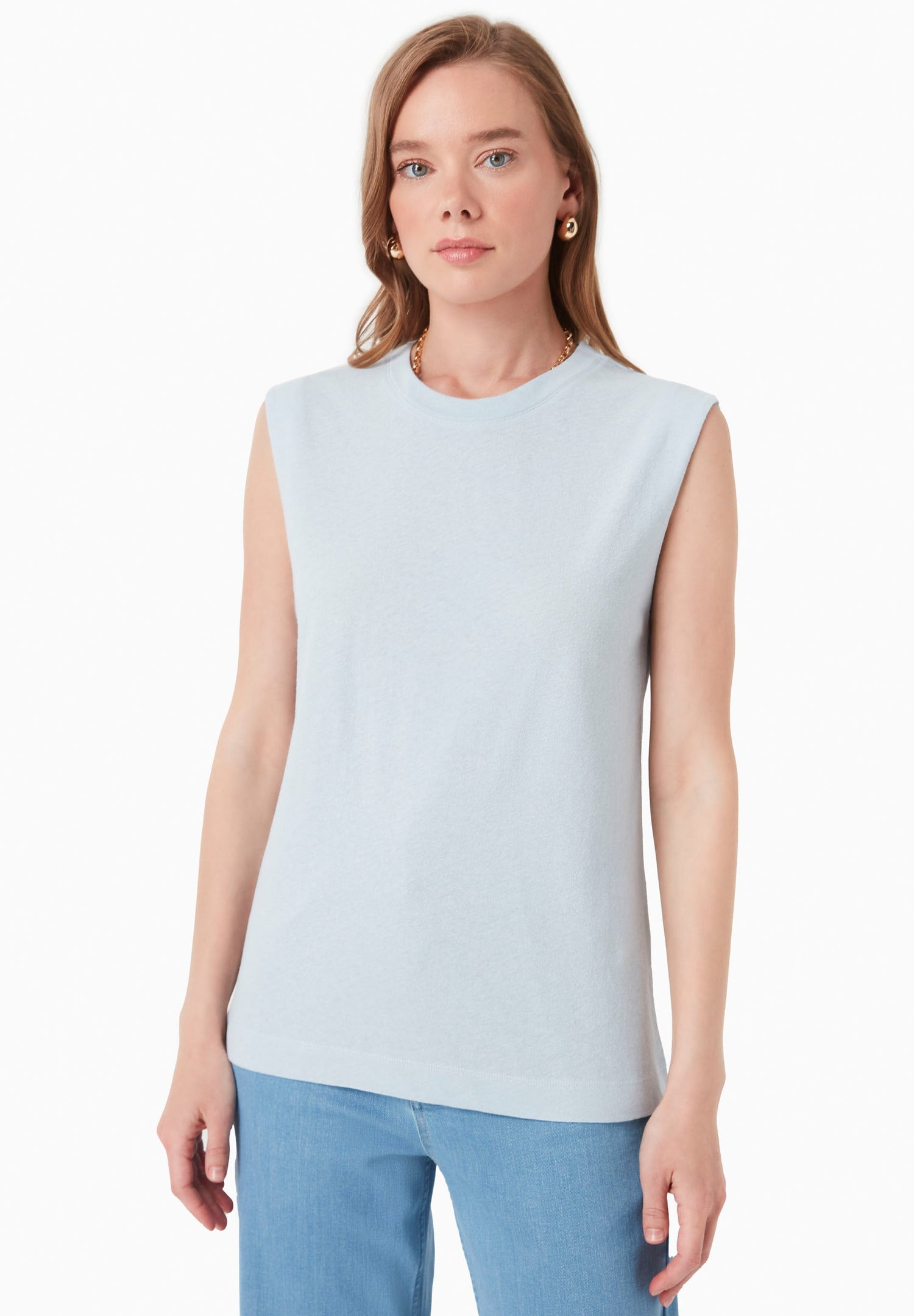Linen Blend Sleeveless Tee Niagara Blue