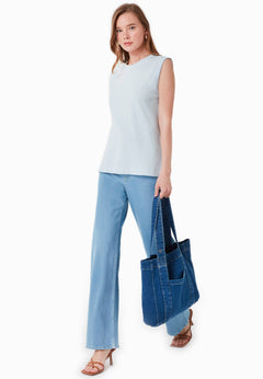 Linen Blend Sleeveless Tee Niagara Blue