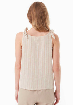 Striped Linen Blend Tie Strap Top Beige/Off White