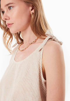 Striped Linen Blend Tie Strap Top Beige/Off White