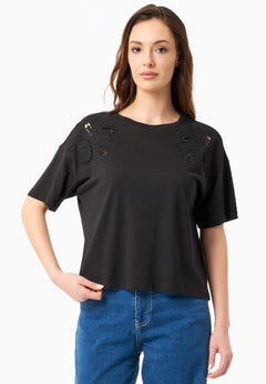 Laser-Cut Embroidery T-Shirt Black