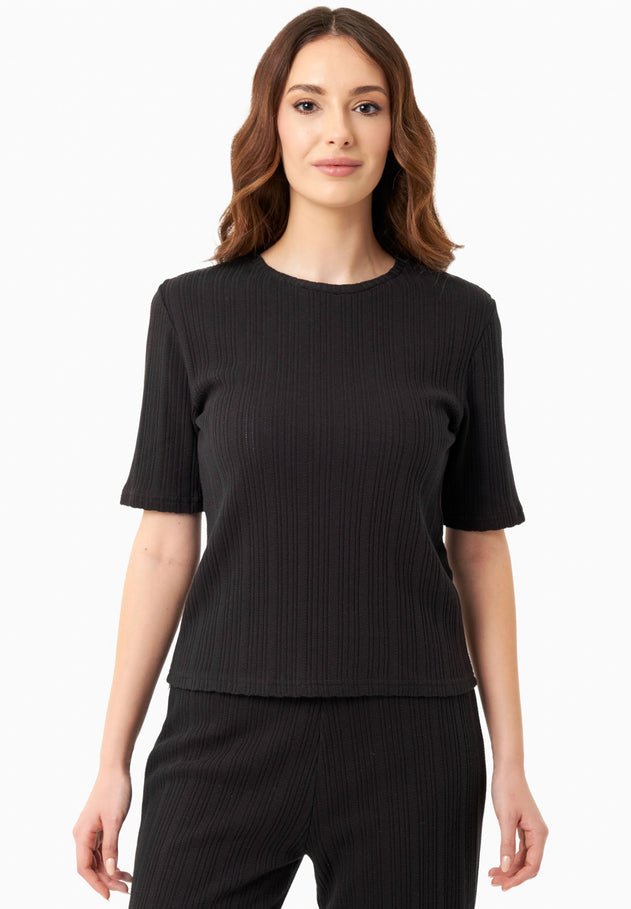 Jacquard Rib Short Sleeved Top Black