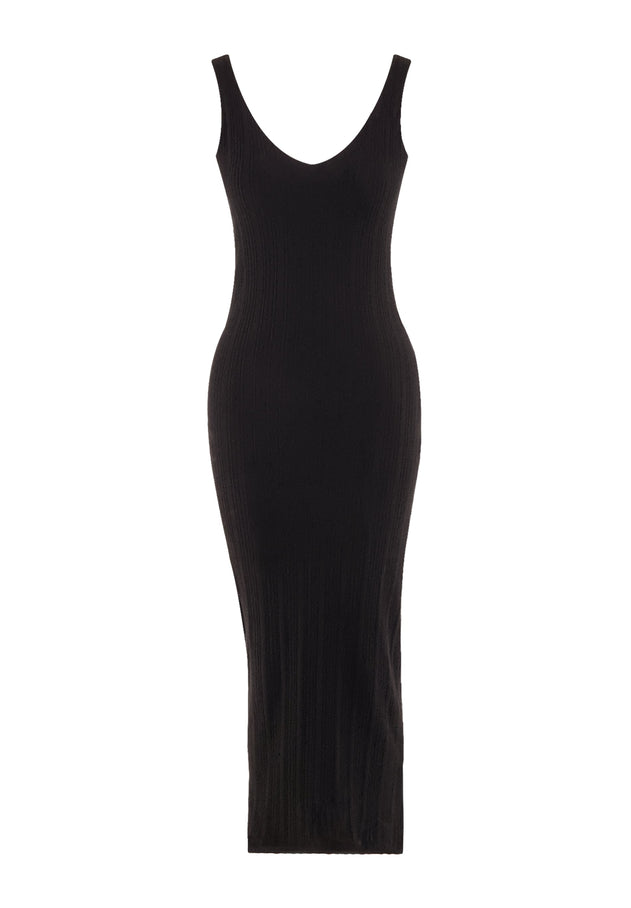 Jacquard Rib V-Neck Dress Black