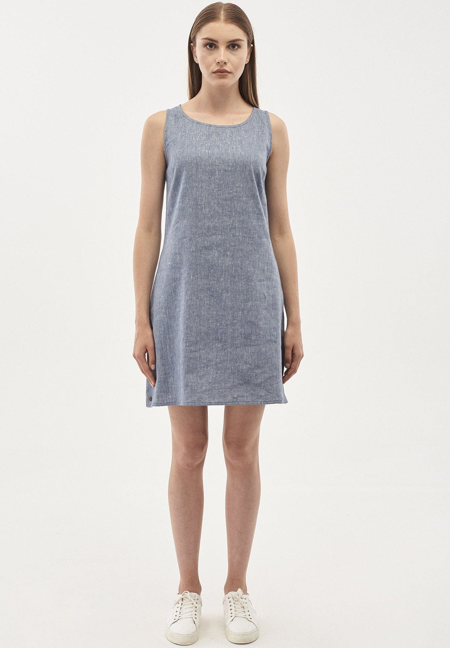 Linen Blend Sleeveless Mini Dress Denim Optic