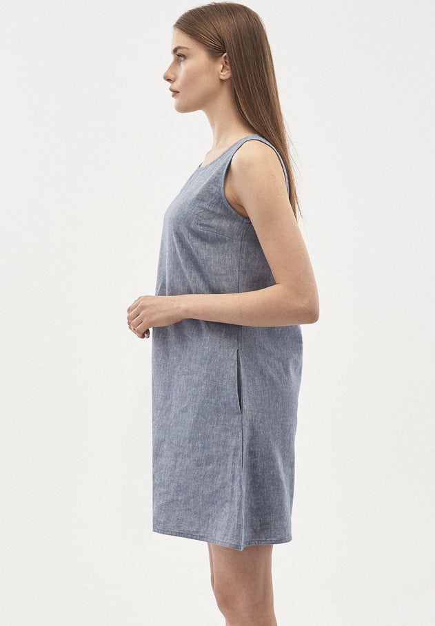 Linen Blend Sleeveless Mini Dress Denim Optic