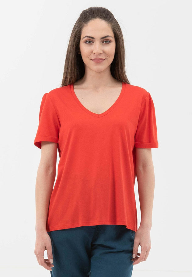 Lyocell Blend T-Shirt With Gathered Sleeves Red
