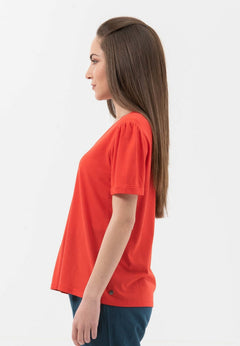 Lyocell Blend T-Shirt With Gathered Sleeves Red