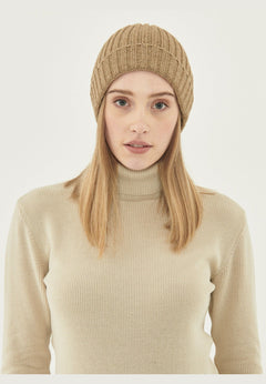 Wide Rib Merino Wool Blend Beanie Light Brown
