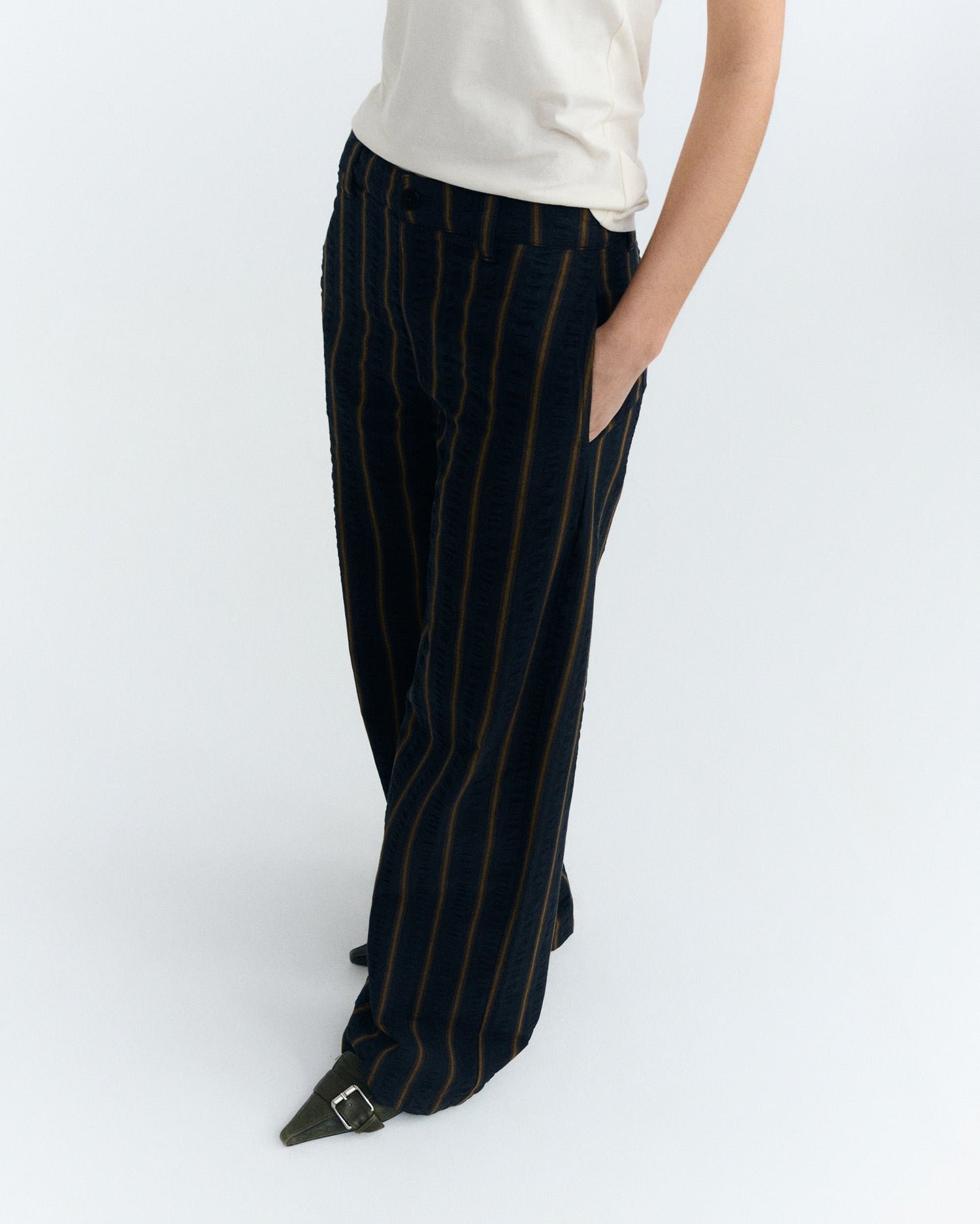 Person wearing black striped pants on a white background