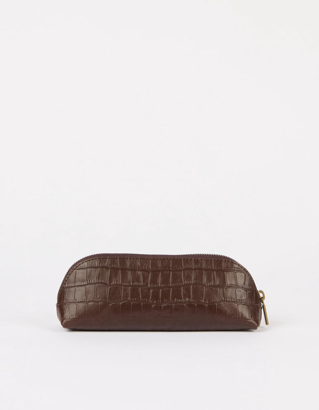 Pencil Case Large Chocolate Croco Print Leather