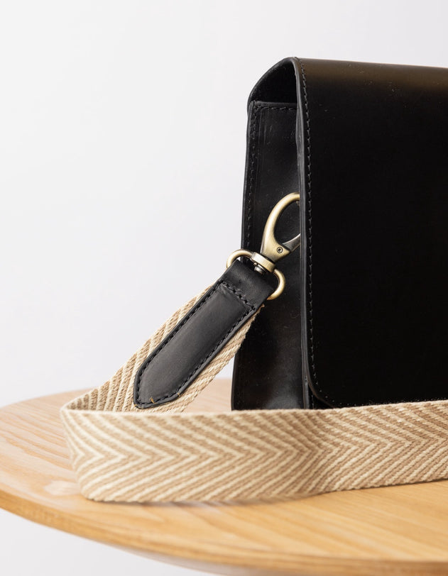 Herringbone Webbing Strap Sand & Black Classic Leather