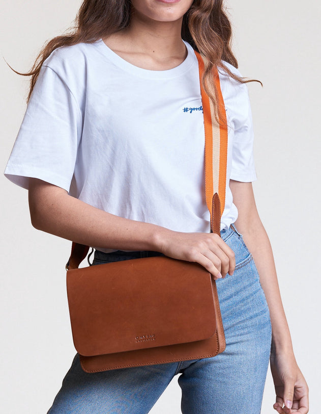 Striped Webbing Strap Orange & Cognac Classic Leather