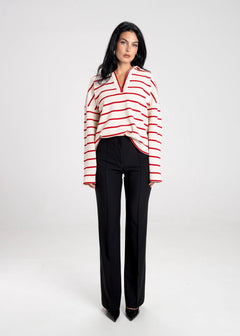Mable Stripped Polo Sweater Cream & Red