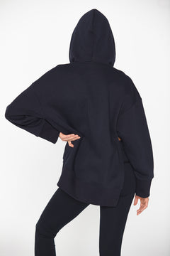 Laced Hoodie With Side Slits Navy Blue