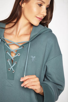 Laced Hoodie With Side Slits Sea Green