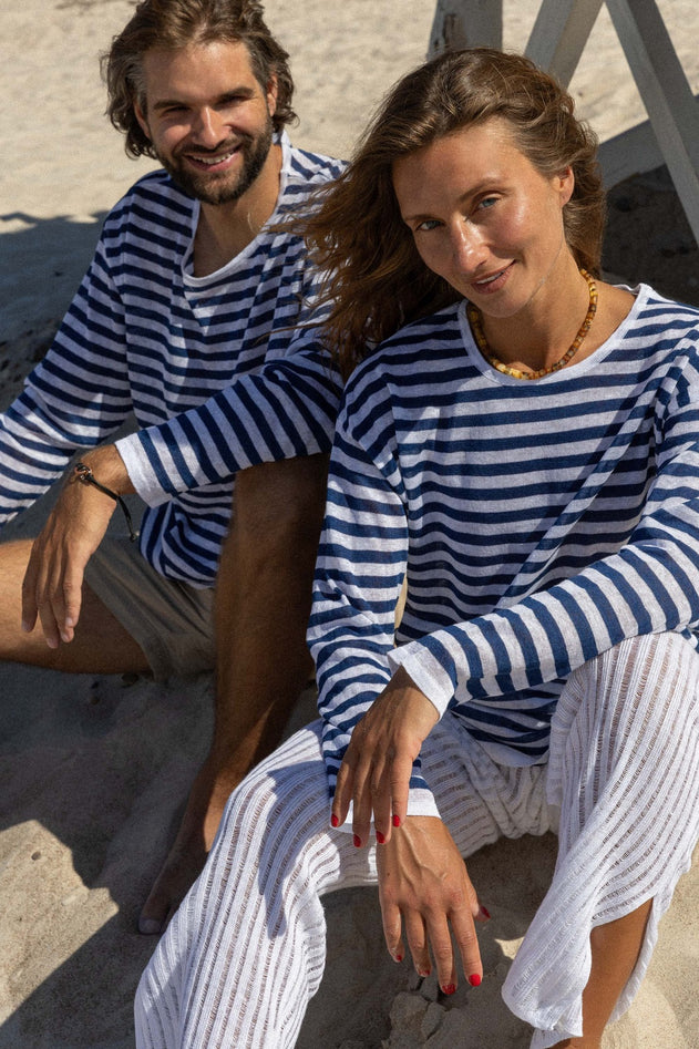 Tanto Unisex Linen Long-Sleeve Top Navy Striped