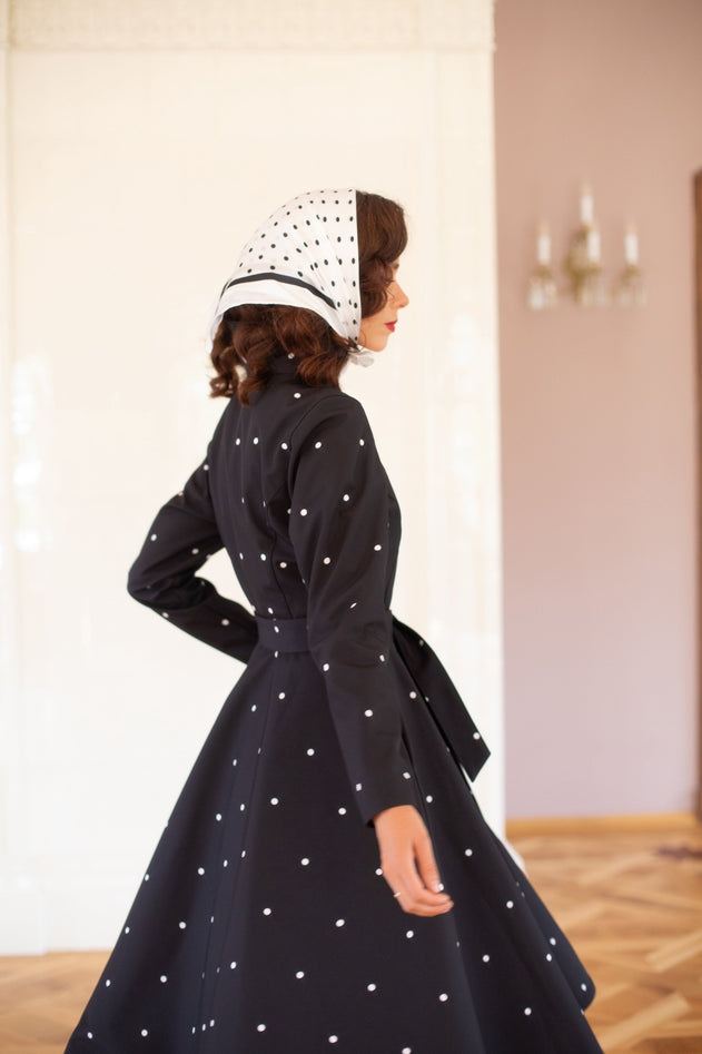 Fit and Flare Raincoat with A-Line Hem Polka Dots Black