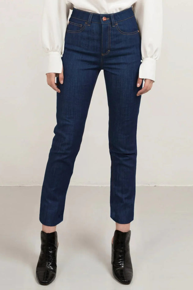 Cropped Straight Leg Jeans Tobacco Stitch Mid Blue - Studio Heijne