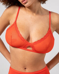 Mesh Lace Trim Triangle Bralette Fiery Red