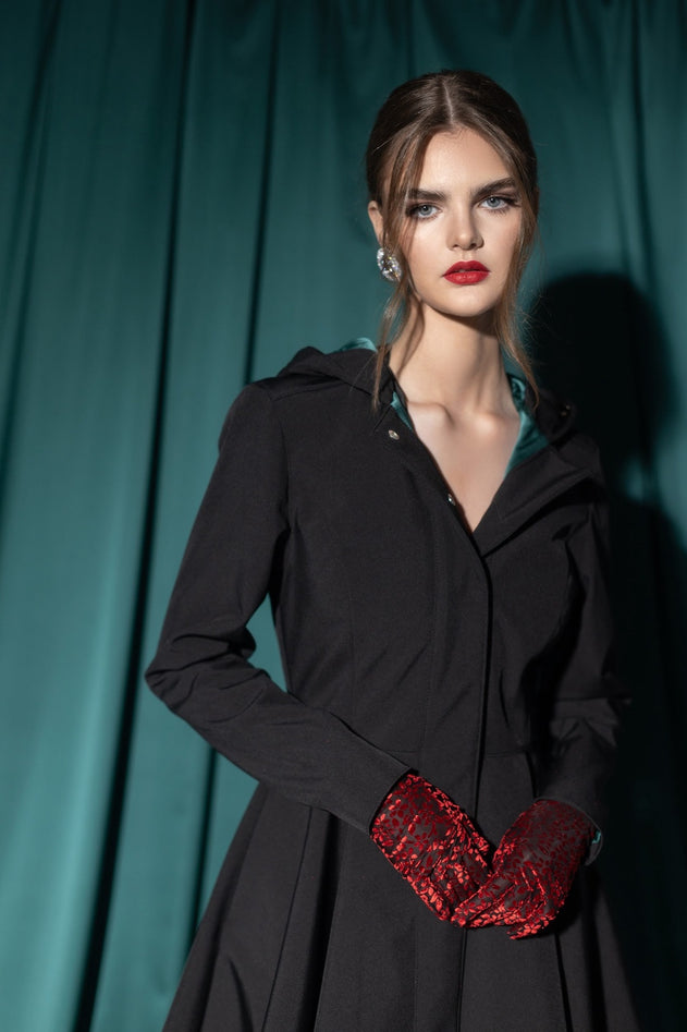 Fit and Flare Raincoat with Full Circle Hem Black / Deep Emerald