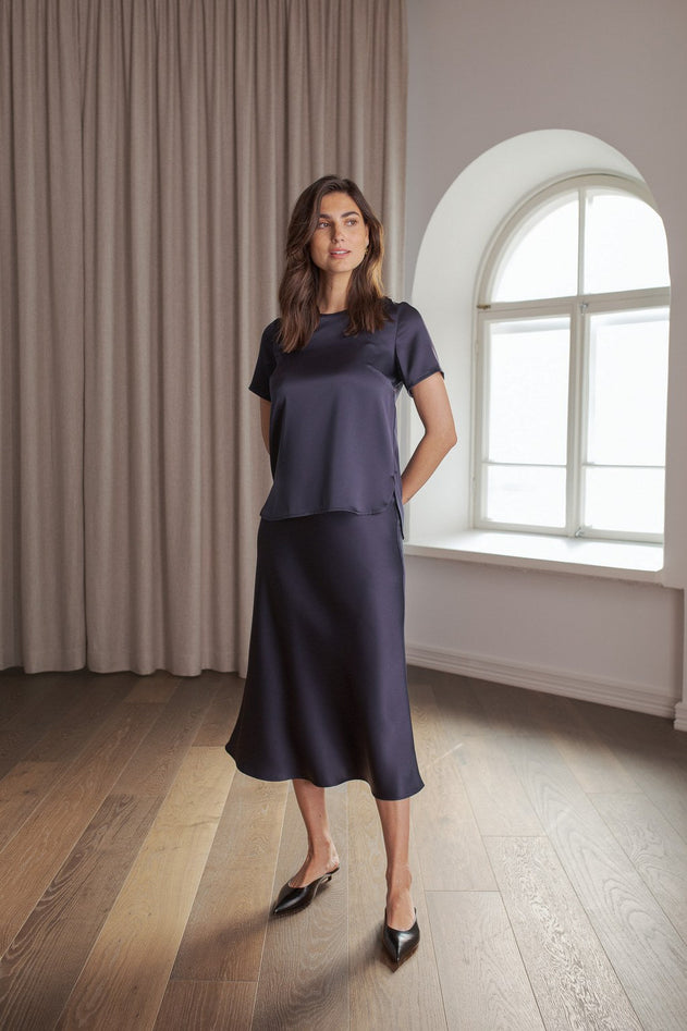 Tianna Midi Satin Skirt Dark Navy