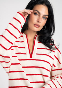 Mable Stripped Polo Sweater Cream & Red