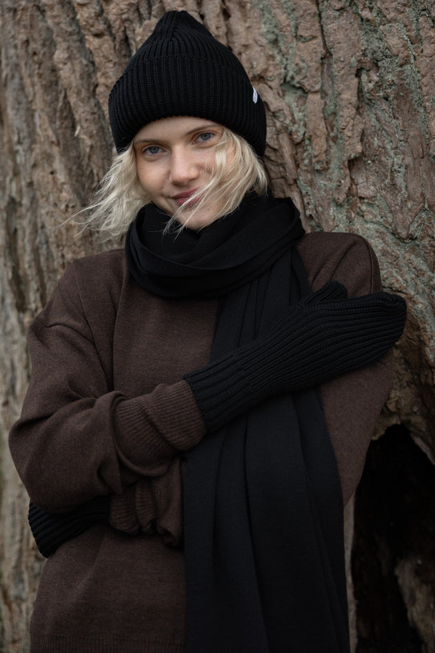Via Merino Wool Scarf & Gloves Set Black