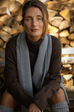Chocolate merino wool turtleneck sweater, detail view