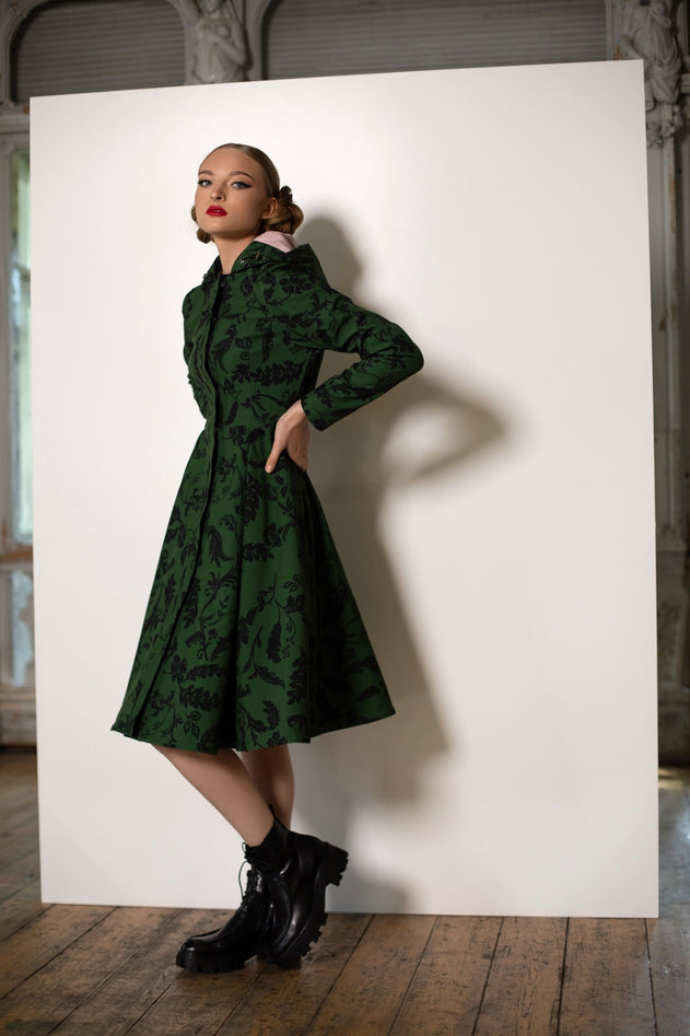 Fit and Flare Raincoat with Pleated Hem Green Forest Flower