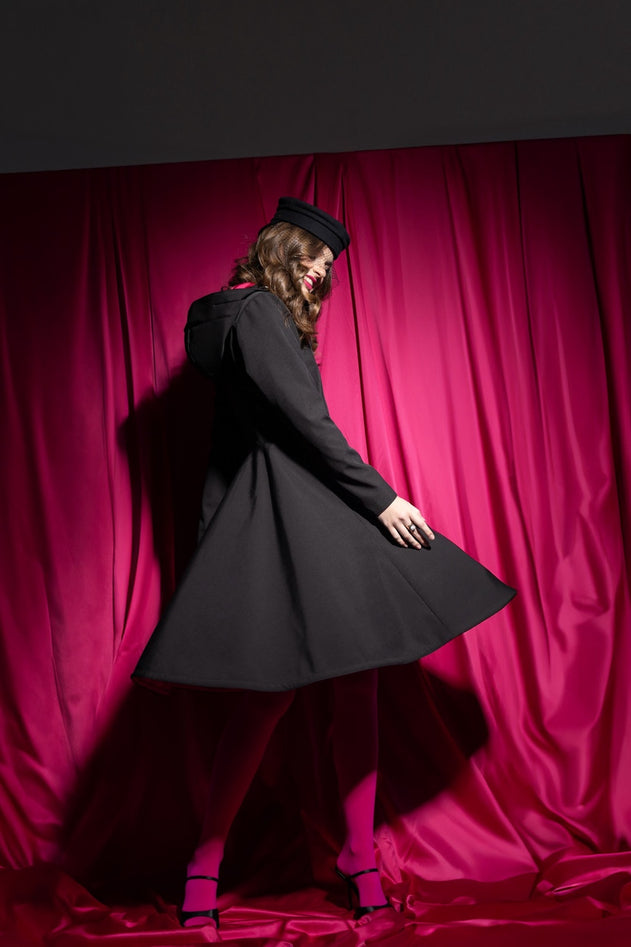 Fit and Flare Raincoat with Full Circle Hem Black / Pink Ruby