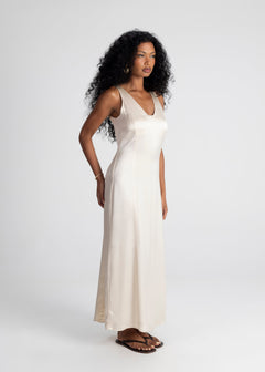 Elena Long Satin Dress Beige