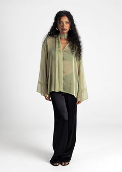 Haze Sheer Button-Up Blouse Green