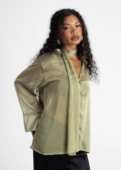 Haze Sheer Button-Up Blouse Green