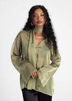 Haze Sheer Button-Up Blouse Green