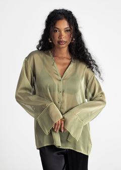 Haze Sheer Button-Up Blouse Green