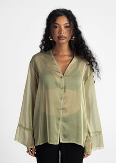 Haze Sheer Button-Up Blouse Green