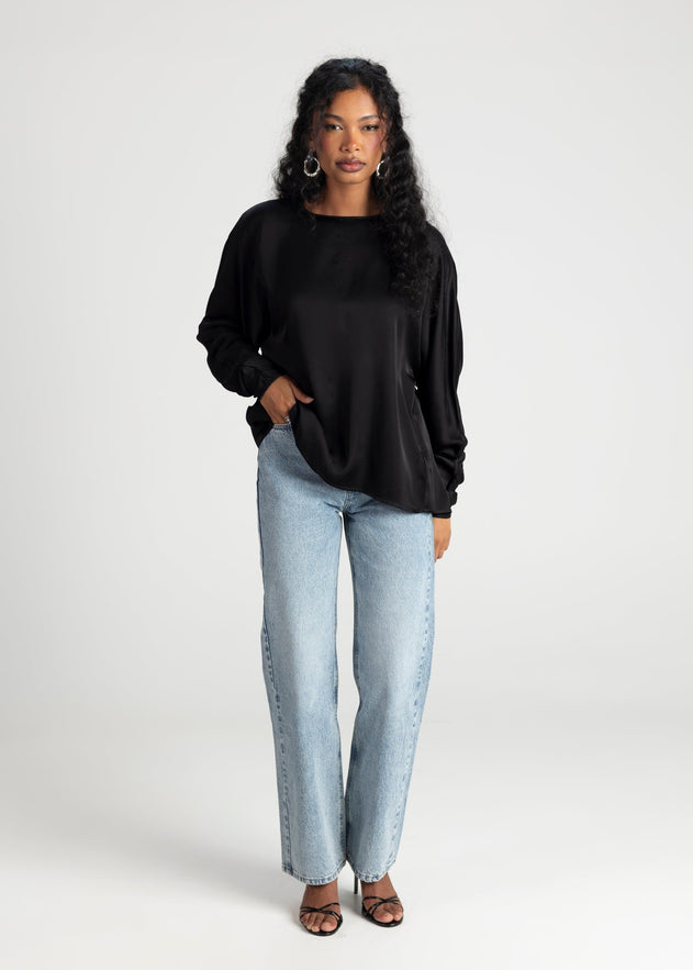 Halo Long Sleeve Satin Blouse Black