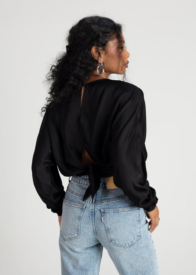 Halo Long Sleeve Satin Blouse Black