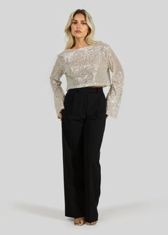 Rue Sequins Long Sleeve Top Champagne