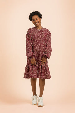 Ruffle Sweatshirt Dress Wild Dots Burgundy