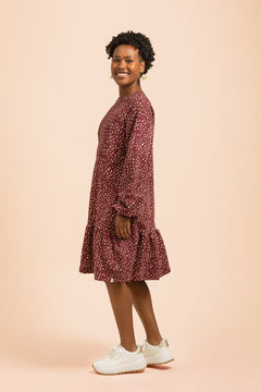 Ruffle Sweatshirt Dress Wild Dots Burgundy