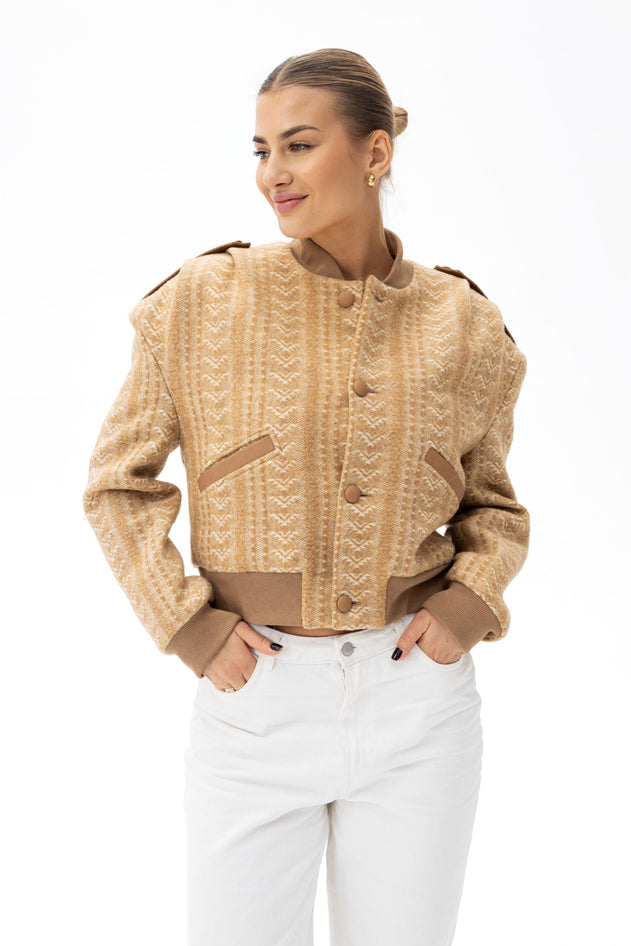 Ira Patterned Wool Bomber Jacket Caramel