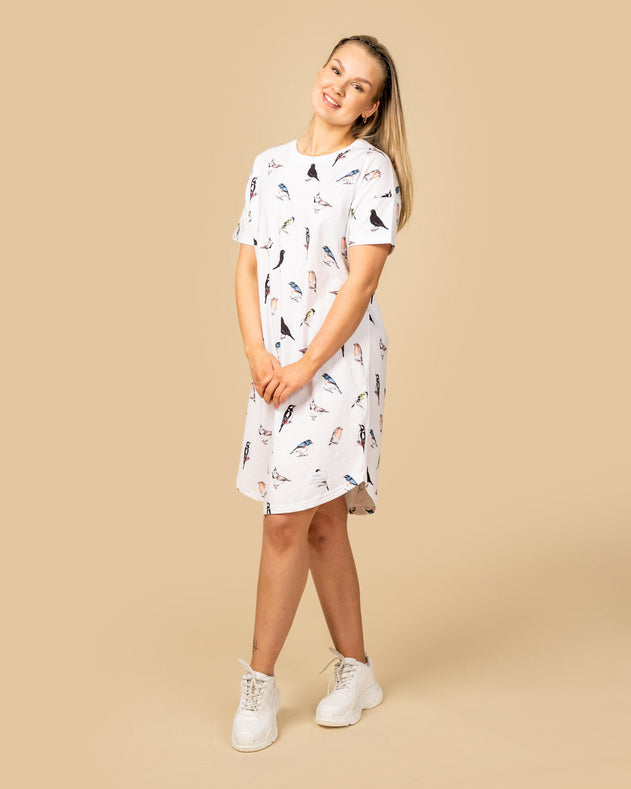 Birds T-Shirt Dress White