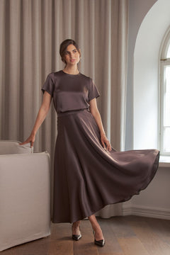 Tina Wide Flared Satin Skirt Dark Chocolate